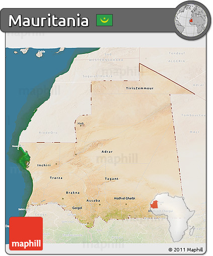 Satellite 3D Map of Mauritania, lighten, land only