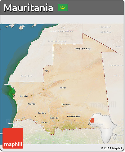 Satellite 3D Map of Mauritania, lighten, land only