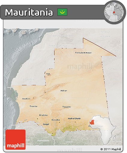 Satellite 3D Map of Mauritania, lighten, semi-desaturated