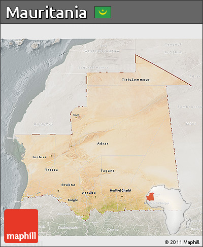 Satellite 3D Map of Mauritania, lighten, semi-desaturated