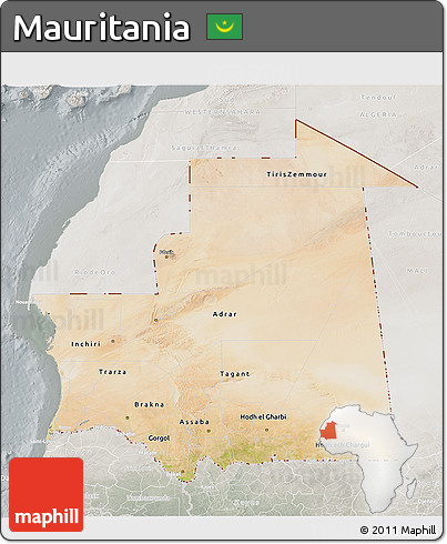 Satellite 3D Map of Mauritania, lighten, semi-desaturated