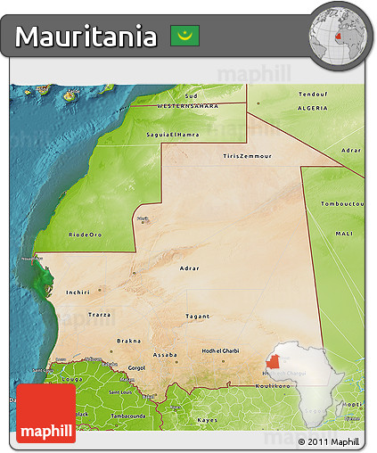 Satellite 3D Map of Mauritania, physical outside, satellite sea