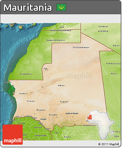 Satellite 3D Map of Mauritania, physical outside, satellite sea
