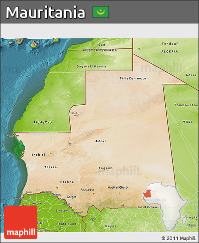 Satellite 3D Map of Mauritania, physical outside, satellite sea