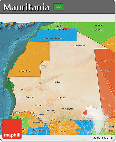 Satellite 3D Map of Mauritania, political outside, satellite sea