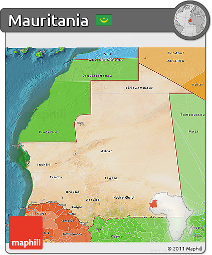 Satellite 3D Map of Mauritania, political shades outside, satellite sea