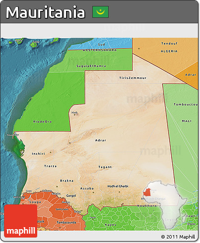 Satellite 3D Map of Mauritania, political shades outside, satellite sea