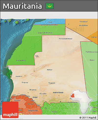 Satellite 3D Map of Mauritania, political shades outside, satellite sea