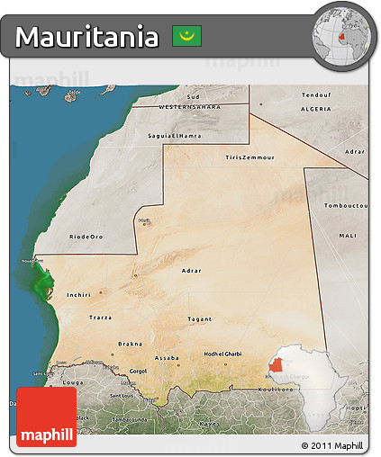 Satellite 3D Map of Mauritania, semi-desaturated, land only