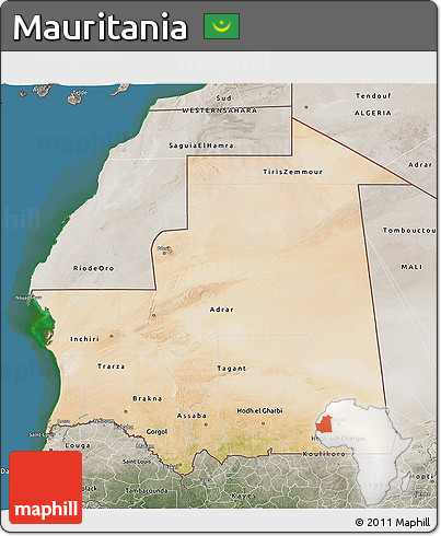 Satellite 3D Map of Mauritania, semi-desaturated, land only