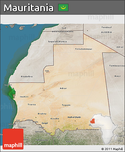 Satellite 3D Map of Mauritania, semi-desaturated, land only