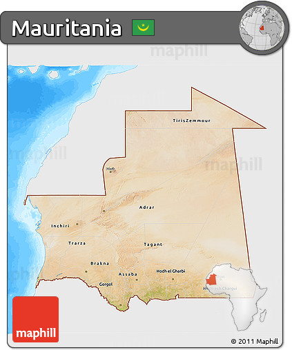 Satellite 3D Map of Mauritania, single color outside, bathymetry sea