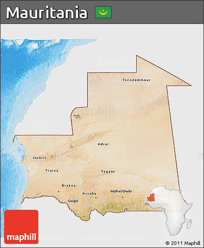 Satellite 3D Map of Mauritania, single color outside, bathymetry sea, shaded relief sea