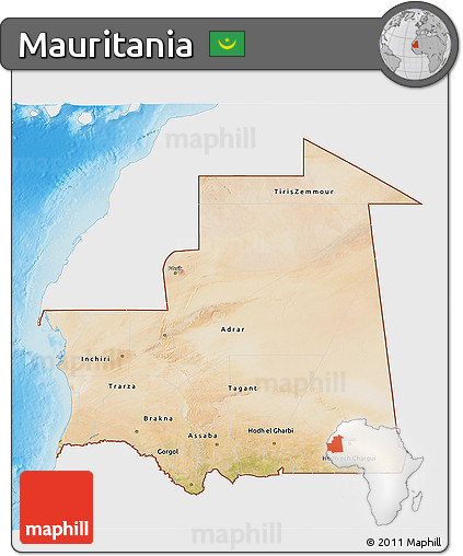 Satellite 3D Map of Mauritania, single color outside, shaded relief sea