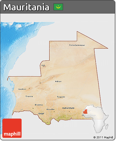 Satellite 3D Map of Mauritania, single color outside, shaded relief sea