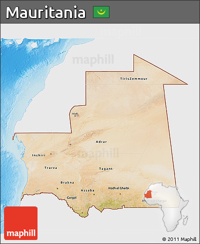 Satellite 3D Map of Mauritania, single color outside, shaded relief sea