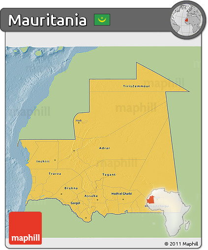Savanna Style 3D Map of Mauritania, single color outside