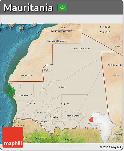 Shaded Relief 3D Map of Mauritania, satellite outside
