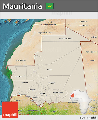 Shaded Relief 3D Map of Mauritania, satellite outside