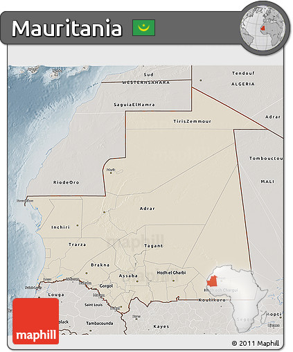 Shaded Relief 3D Map of Mauritania, semi-desaturated