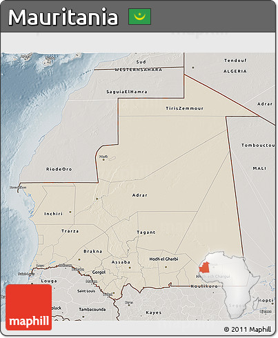 Shaded Relief 3D Map of Mauritania, semi-desaturated