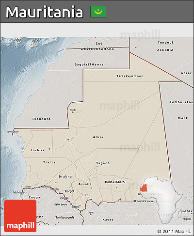 Shaded Relief 3D Map of Mauritania, semi-desaturated