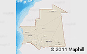 Shaded Relief 3D Map of Mauritania, single color outside, bathymetry sea, shaded relief sea