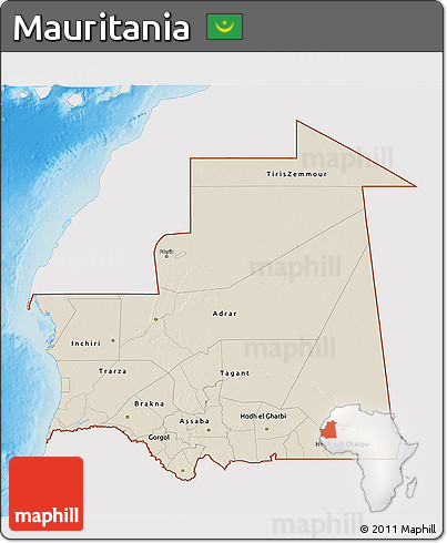 Shaded Relief 3D Map of Mauritania, single color outside