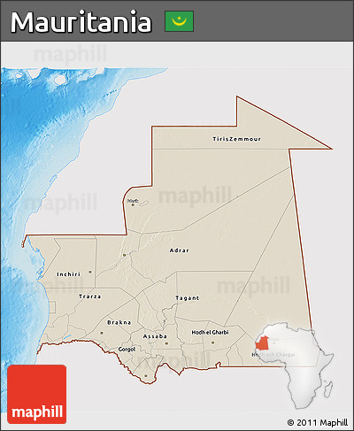 Shaded Relief 3D Map of Mauritania, single color outside