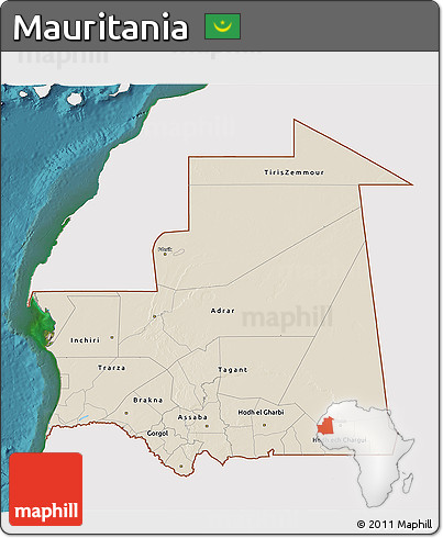 Shaded Relief 3D Map of Mauritania, single color outside, satellite sea