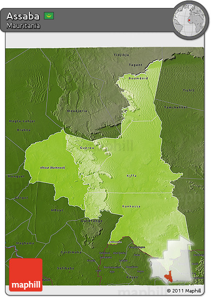 Physical 3D Map of Assaba, darken