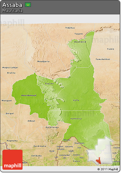 Physical 3D Map of Assaba, satellite outside