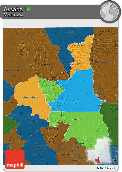 Political 3D Map of Assaba, darken