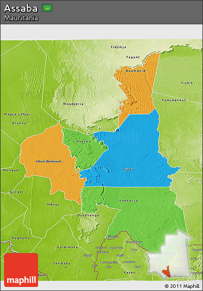 Political 3D Map of Assaba, physical outside