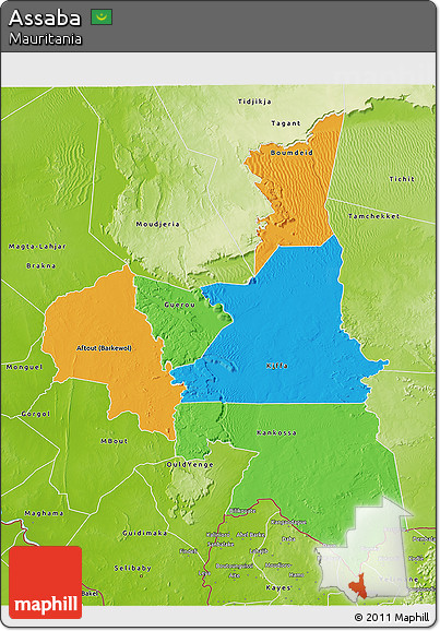 Political 3D Map of Assaba, physical outside