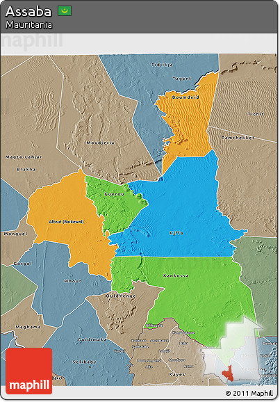 Political 3D Map of Assaba, semi-desaturated
