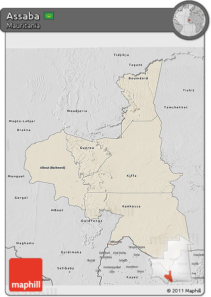 Shaded Relief 3D Map of Assaba, desaturated