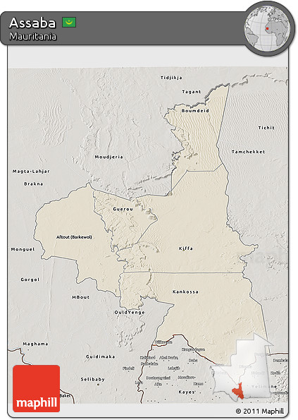 Shaded Relief 3D Map of Assaba, semi-desaturated