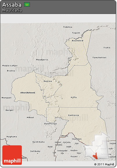 Shaded Relief 3D Map of Assaba, semi-desaturated