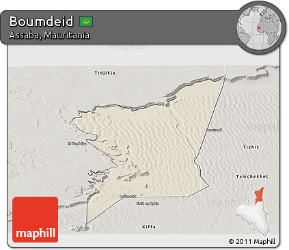 Shaded Relief Panoramic Map of Boumdeid, semi-desaturated