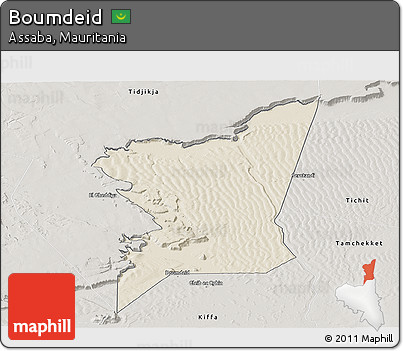Shaded Relief Panoramic Map of Boumdeid, semi-desaturated