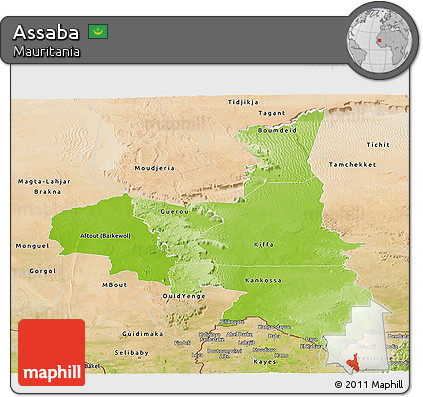 Physical Panoramic Map of Assaba, satellite outside