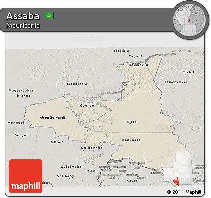 Shaded Relief Panoramic Map of Assaba, semi-desaturated