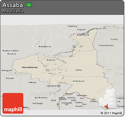 Shaded Relief Panoramic Map of Assaba, semi-desaturated