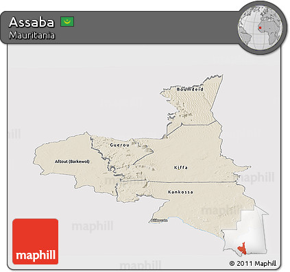Shaded Relief Panoramic Map of Assaba, single color outside