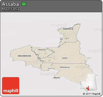 Shaded Relief Panoramic Map of Assaba, single color outside