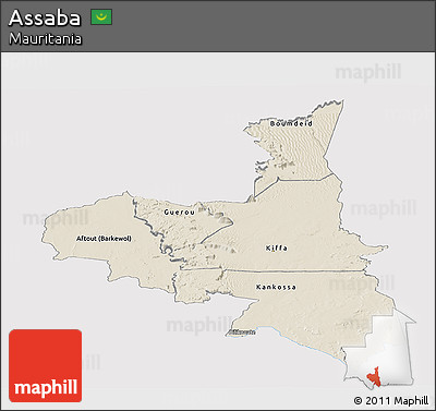 Shaded Relief Panoramic Map of Assaba, single color outside
