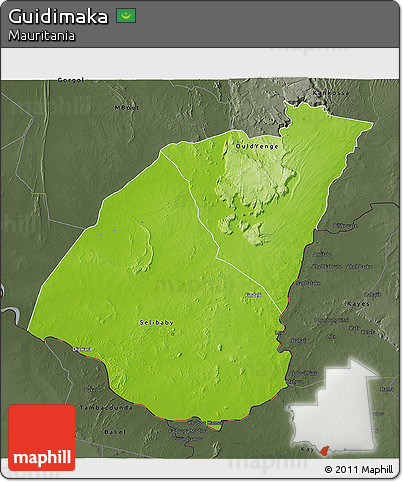 Physical 3D Map of Guidimaka, darken, semi-desaturated