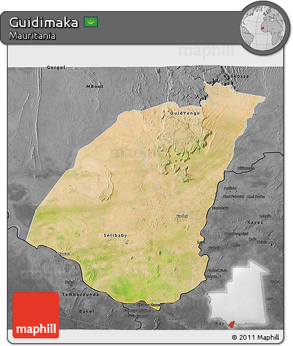 Satellite 3D Map of Guidimaka, darken, desaturated