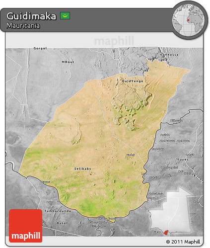 Satellite 3D Map of Guidimaka, desaturated